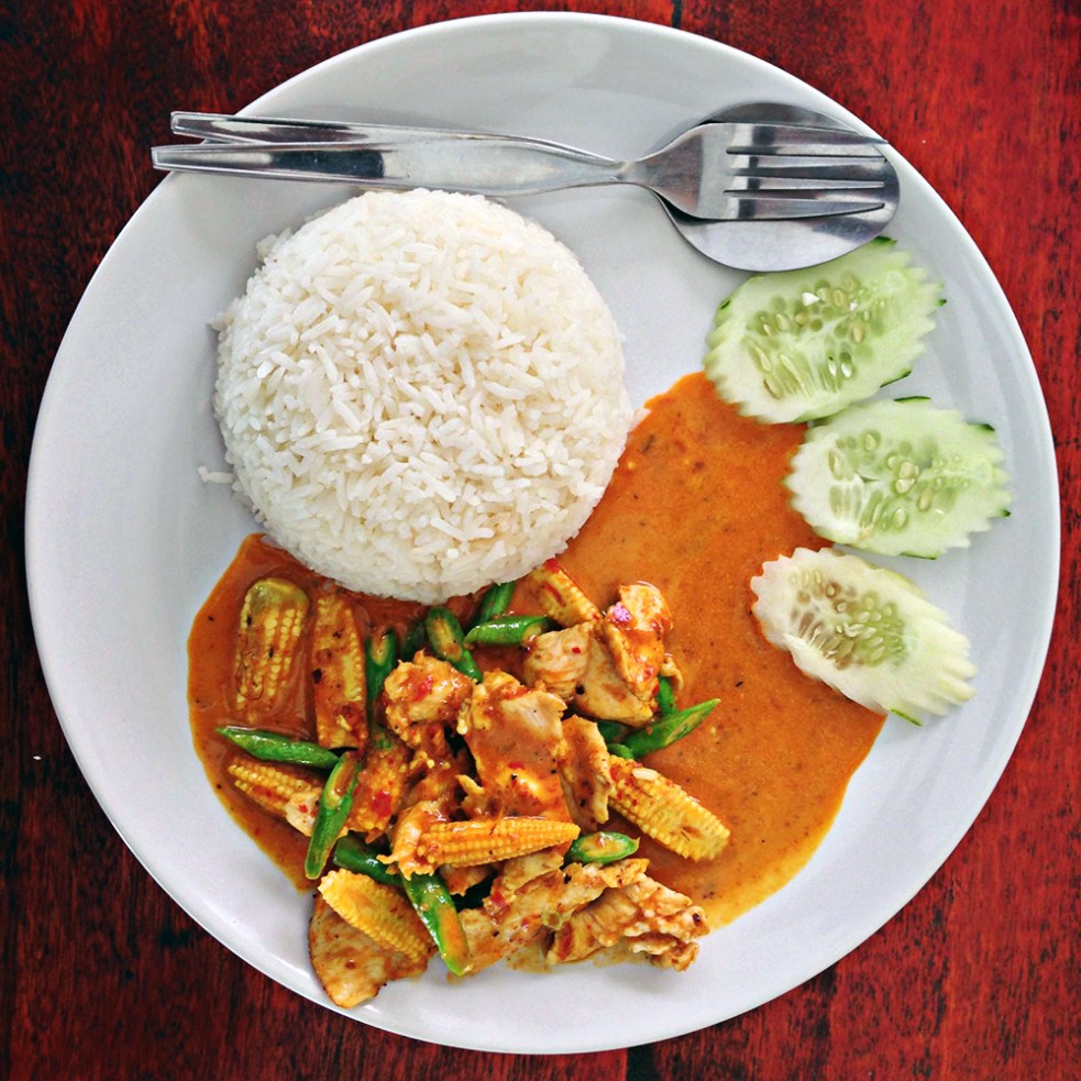 Panang curry de pollo con arroz jazmín
